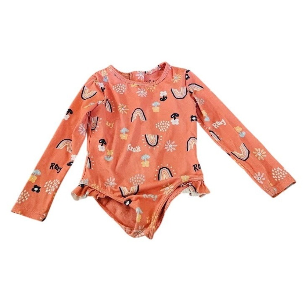 Roxy Toddler Girls Long Sleeve Rash Guard Swimsuit Coral Rainbow Daisy Size 2
